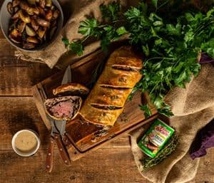BEEF WELLINGTON WITH CREOLE MUSHROOM MIX